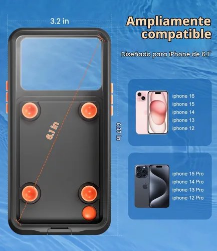 Vista 2 de Funda submarina para esnórquel, [IP68 resistente al agua] [pantalla táctil inflada sensible] [botones precisos], solo para iPhone 16, 15/15 Pro