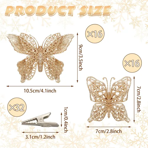 Vista 2 de Liliful 32 piezas de adorno de mariposa de purpurina navideña con clip, mariposa hueca, decoración de Navidad artificial, adorno colgante con clip