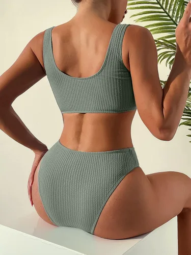 Vista 2 de GORGLITTER Conjunto de bikini de cintura alta para mujer, 2 piezas, cuello redondo, top corto, traje de baño