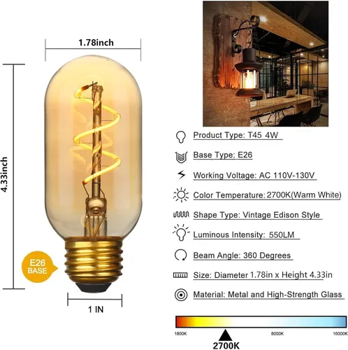 Vista 2 de Paquete de 4 bombillas LED T45/T14, bombillas Edison vintage de 4 W, 2700 K, 550 lúmenes, equivalentes a 40 W, bombillas de tubo ámbar amarillo