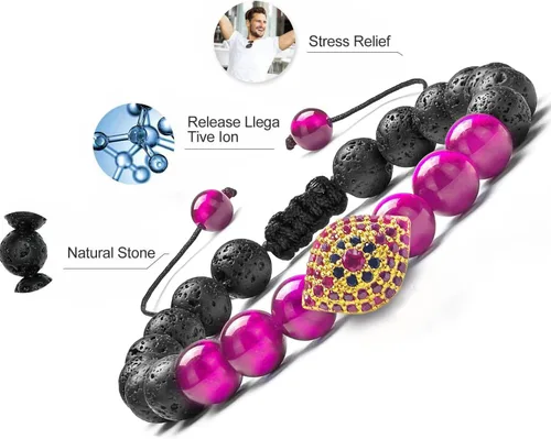 Vista 3 de Auoy Dhof Pulsera de piedra de ojo de tigre, pulsera de pareja con cuentas para mujeres y hombres, cadena de acero de titanio ajustable de 0.315in