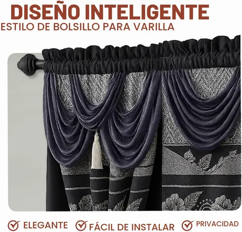 Vista 5 de YHSF Cortinas Jacquard de 2 paneles con cenefa y alzapaños, negro, 54x84
