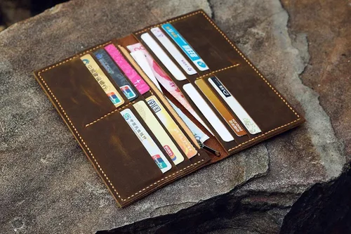 Vista 2 de Distressed Leather Men long walletslim vertical bifold walletPersonalized leather clutch card holder travel wallets -W005LZM