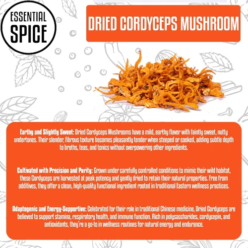 Vista 3 de Essential Spice Champiñones Cordyceps secos, 8 onzas – Sabor suave y terroso con beneficios funcionales – Ideal para tés, caldos, tónicos y recetas