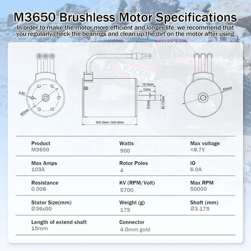 Vista 7 de SurpassHobby 3650 5700KV Motor sin escobillas de alta velocidad impermeable eje 0.125 in motor y para control remoto 1/0 coches camiones vehículos