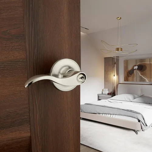 Vista 4 de 1 Paquete de Cerradura de Puerta de Entrada con Llave HENYIN Wave Lever/Pomo de Puerta Hardware Manija y Cerradura de Armario, Color Plateado