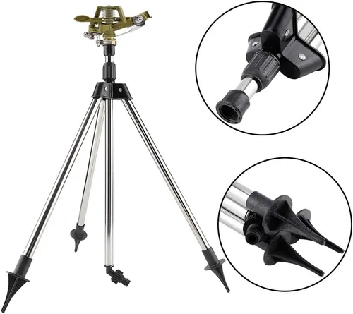 Vista 3 de Aspersor automático de impacto en base de trípode, rociador de césped giratorio de 360 grados, sistema de riego de jardín ajustable de acero