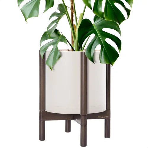 Vista 9 de Maceta de D'vine Dev con soporte - Maceta de flores de cilindro de plástico de 8.0 pulgadas con soporte de madera para interiores, maceta mate negra
