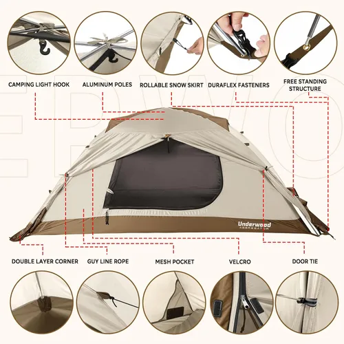 Vista 6 de Carpa para 1/2 personas para mochilero para 4 estaciones - Tienda de campaña impermeable para invierno para una persona, equipo de camping ligero
