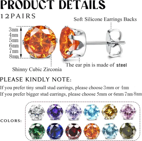 Vista 2 de Jstyle Jewelry Stainless Steel Womens CZ Stud Earings Set Piercing 12 Pairs