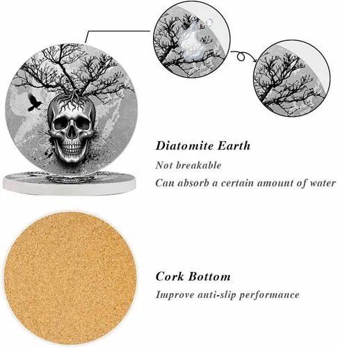 Vista 4 de oFloral Juego de 2 posavasos con diseño de calavera para bebidas, diseño de árbol blando de pájaros, creativos, para decoración del hogar, 4