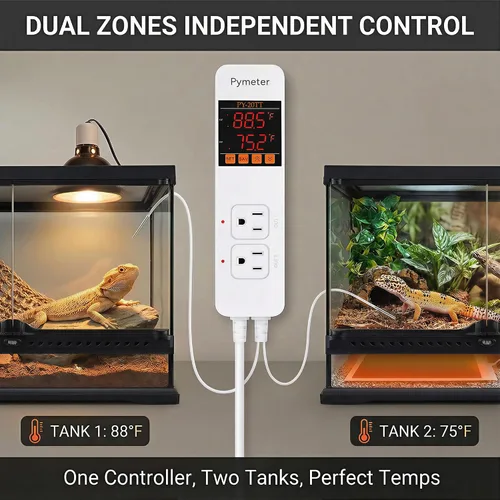 Vista 4 de Controlador digital de temperatura, termostato de reptil de sonda doble, salida controlada para tapete térmico de terrario, almohadilla