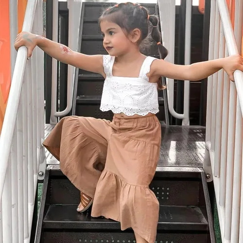Vista 2 de mlpeerw Conjunto de ropa de verano para niñas pequeñas, sin mangas, chaleco superior + pantalones largos rectos, 2 piezas, 1-6 años, Encaje
