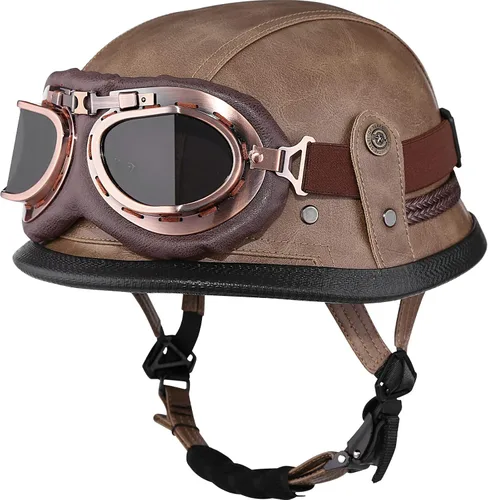 Vista 9 de Yesmotor - Casco de media cara estilo retro alemán de cuero hecho a mano con hebilla de liberación rápida y gafas protectoras - Aprobado por DOT