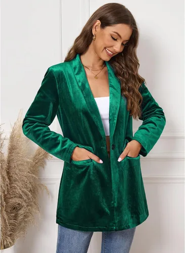 Vista 5 de GRAPENT Chaquetas de terciopelo para mujer, de negocios, casual, de gran tamaño, chaqueta de traje largo elegante, chaqueta de trabajo y oficina