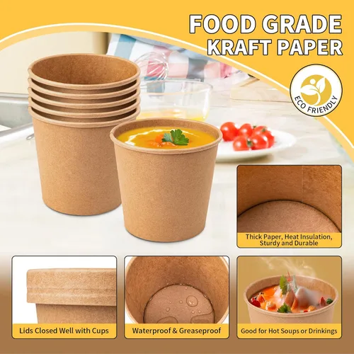 Vista 4 de PakTalk Cuencos de Papel para Sopa con Tapas, Tazas Desechables para Helado de Papel Kraft, Cuencos para Sopa de 26 oz, Contenedores para Llevar