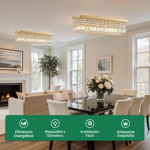 Vista 2 de Candelabros Modernos de Cristal para Lámpara de Comedor, Candelabro de Techo Rectangular Dorado de 6 Luces para Isla de Cocina y Sala de Estar