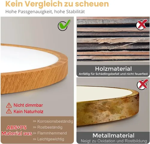 Vista 4 de LightingWill LED Ceiling Light Wood Look 24 W Diameter 30 cm, 2800 LM, 4000 K Neutral White, Round Flat, Modern Ceiling Light for Living Room