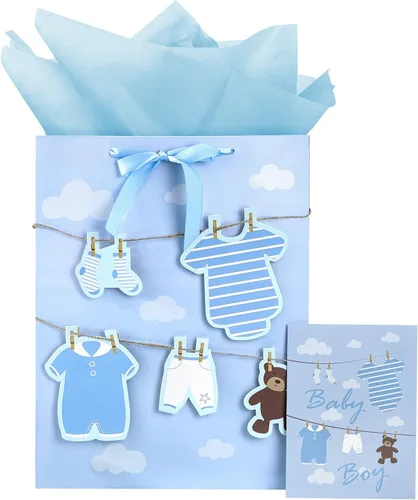 Vista 19 de Loveinside Bolsa de regalo para bebé niño con papel de seda y tarjeta de felicitación para baby shower, nuevos padres y más, diseño animal azul, 16