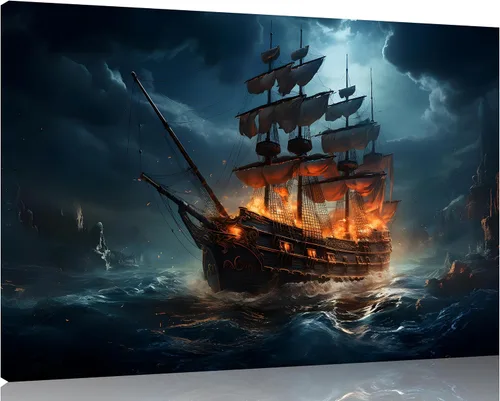 Vista 25 de TutuBeer 3 Piezas Arte de Pared Batalla Naval Barco Imagen Barco Pirata Velero Póster Barco Pirata Azul en Llamas Imagen Impresa en Lienzo Póster
