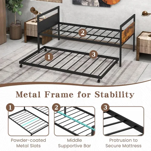 Vista 11 de KOMFOTT Sofá cama de metal de tamaño individual con nido, marco de sofá cama con cabeceras de madera, soporte de listones de metal, marco de sofá