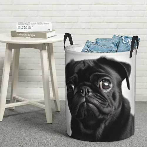 Vista 8 de Cute Black Pug Dog print Circular Hamper Waterproof Storage Bin Organizer Basket Laundry Hamper With Handles For Clothes Toys Small