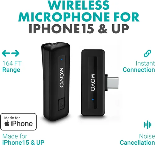 Vista 2 de Movo Micrófono inalámbrico Mini USB-C para iPhone 15/16/17 - Micrófono compatible con Pro Max - Duración de la batería de 10 HR, rango de 164 pies