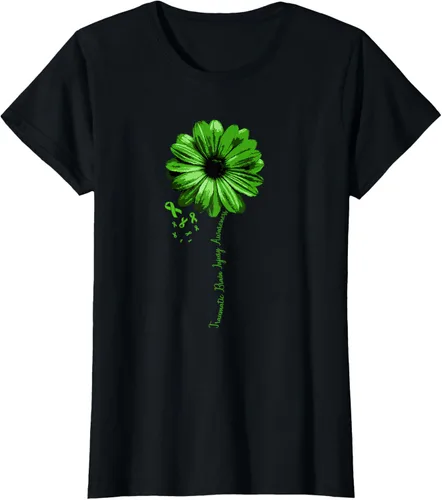 Vista 35 de Camiseta de conciencia de lesiones cerebrales traumáticas con cinta verde guerrero, Negro, S