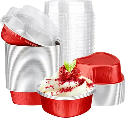 Vista 10 de EUSOAR Moldes para hornear en forma de corazón, de papel de aluminio, de 3.4 onzas, con tapas, aperitivos, postres, flan, cupcakes, tartas, ramekin