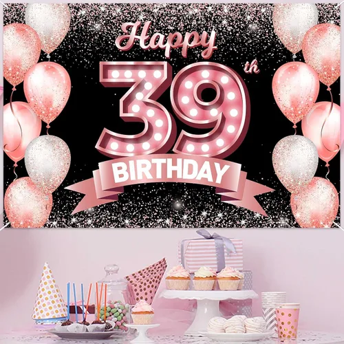 Vista 333 de Cartel de feliz cumpleaños décimo oro rosa, telón de fondo, saludos a 10 años, globos de confeti, decoración temática para niñas de 10 años