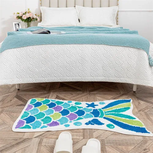 Vista 7 de Bonita alfombra de baño de sirena, divertida alfombra de baño con forma de cola de pez océano azul, escamas de sirena, para baño, antideslizante