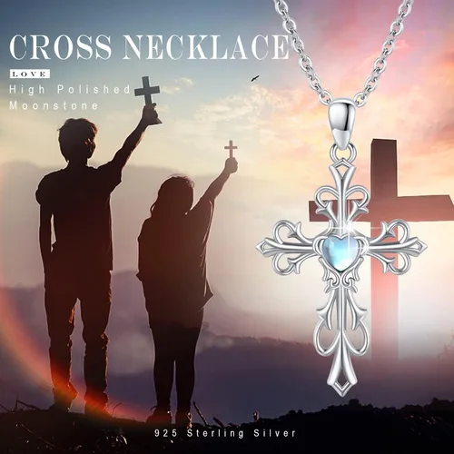 Vista 6 de Collar de cruz para mujer de plata de ley 925 con colgante de cruz con piedra lunapiedra natal, collar de cruz irlandesa, regalo para mujer