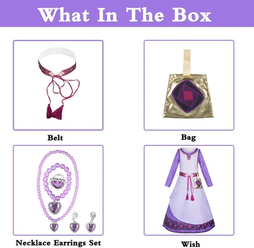 Vista 5 de Wish Asha - Disfraz para niñas, vestido de princesa cosplay con aretes de cinturón para fiesta de cumpleaños de Navidad