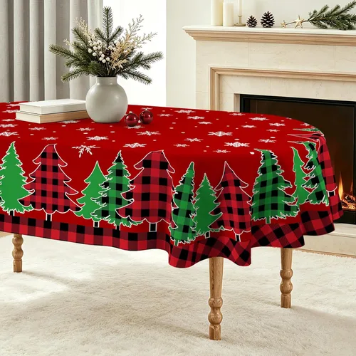 Vista 20 de pinata Manteles de Navidad de 52 x 70 pulgadas, mantel rectangular con diseño de árboles de Navidad, diseño de búfalo negro, a cuadros, oblongos