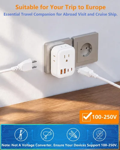 Vista 2 de Adaptador de enchufe de viaje europeo USB C, EE.UU. a la UE multipuerto PD Blanco nube