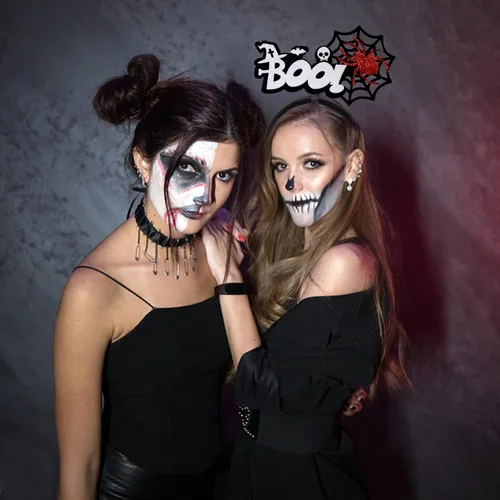 Vista 2 de TIMMOKO Diademas de Halloween para mujeres y niños, tela de araña negra, araña roja, blanco, murciélago, calavera, disfraz de fiesta de Halloween