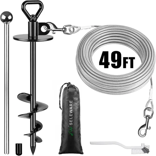 Vista 14 de SELEWARE Cable de amarre y estaca para perros, anclaje giratorio de 17 pulgadas a prueba de óxido con cable resistente de 15 pies para perros