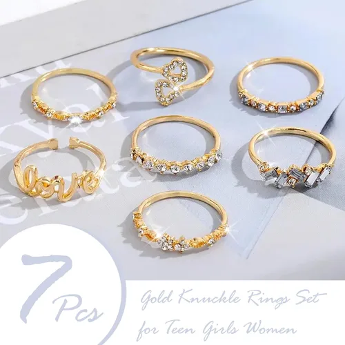 Vista 5 de Anillos apilables de oro para mujeres, adolescentes, niñas, regalos de moda, juego de anillos de nudillos simples de estrella, luna, corazón, boho
