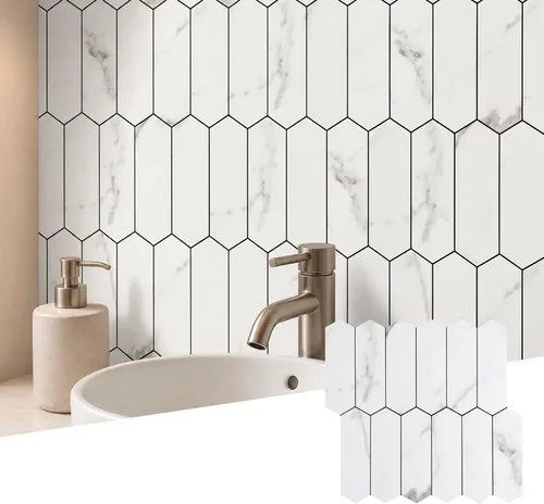 Vista 15 de Azulejo negro para salpicaduras de piquete, aspecto de cerámica, largo hexágono autoadhesivo para pared de cocina y baño, paquete de 6 Hexágono