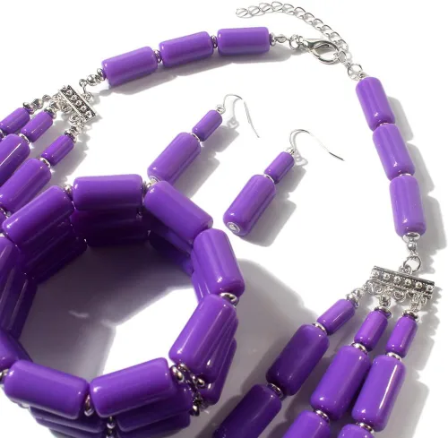 Vista 3 de Juego de collar de cuentas multicapa de estilo bohemio + aretes + pulsera para mujeres y niñas
