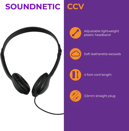 Vista 2 de Soundnetic SNCCV - Paquete de 10 auriculares estéreo con almohadillas de cuero sintético y control de volumen, color negro, ideales para escuelas