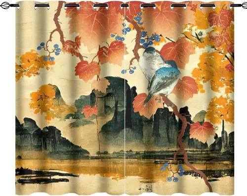 Vista 12 de Cortinas opacas para oscurecer la habitación con ojales, diseño de flores japonesas con ojales, arte retro de primavera y ramas florales, arte