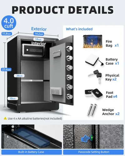 Vista 6 de DAYI Caja fuerte, caja fuerte de 4.0 pies cúbicos para el hogar con teclado digital, alarma dual y bolsa ignífuga, caja fuerte de seguridad