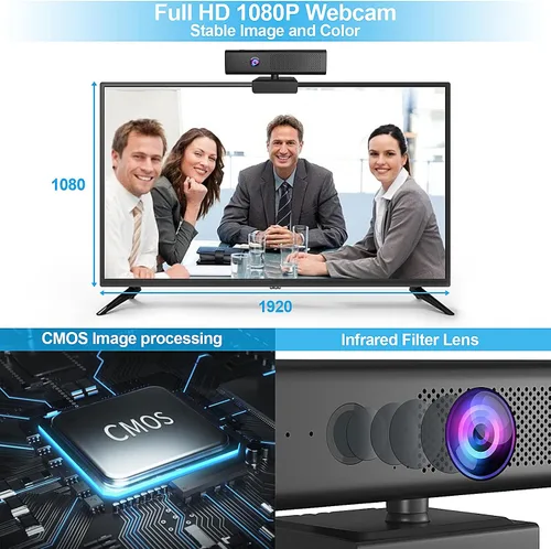 Vista 3 de ROTOPATA Cámara web de conferencia 3 en 1 Full HD 1080P con altavoz y 4 micrófonos USB Web Cam With 90° FOV, Magnet Privacy Cover, 3W Speaker