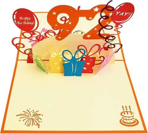 Vista 3 de iGifts And Cards Tarjeta desplegable 3D de cumpleaños 92, regalos coloridos y celebración de hitos de globos, saludo sincero para personas mayores
