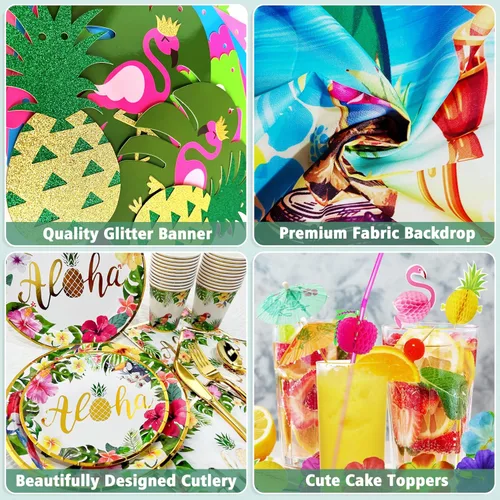 Vista 4 de Luau - Decoraciones para fiesta de cumpleaños, 321 piezas, suministros de fiesta hawaiana tropical Aloha para verano, playa, vacaciones, juego
