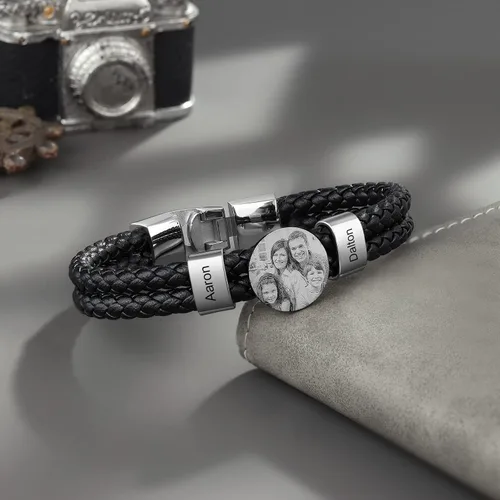 Vista 6 de Pulsera de cuero personalizada para hombre, grabada con nombre, imagen, foto, cuerda trenzada para papá, marido, abuelo, novio