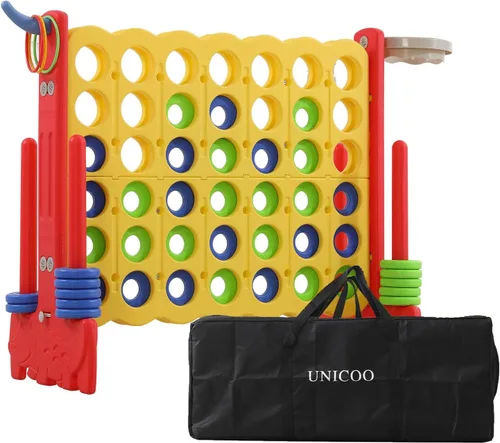Vista 9 de UNICOO Juego Gigante 4 en fila con bolsa de transporte, lanzamiento de anillos, canasta de baloncesto - Gran juego al aire libre para diversión