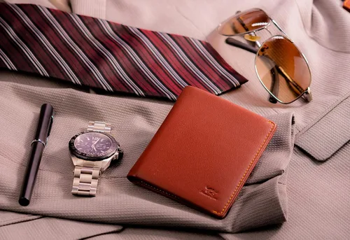 Vista 8 de Mush & Bow Sirius - Cartera para hombre, bloqueo RFID, plegable y delgada, Marrón, Minimalista