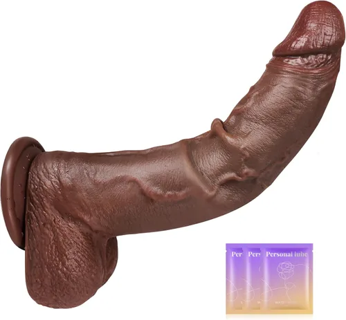 Vista 8 de Juguetes sexuales de 9.8 pulgadas con prepucio móvil para adultos, consolador de silicona de color carne para estimulación clitorial vaginal/anal